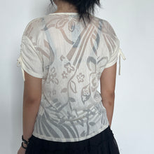 Load image into Gallery viewer, Cream Quarter-Zip Floral Textured Mesh Short Sleeve Top
