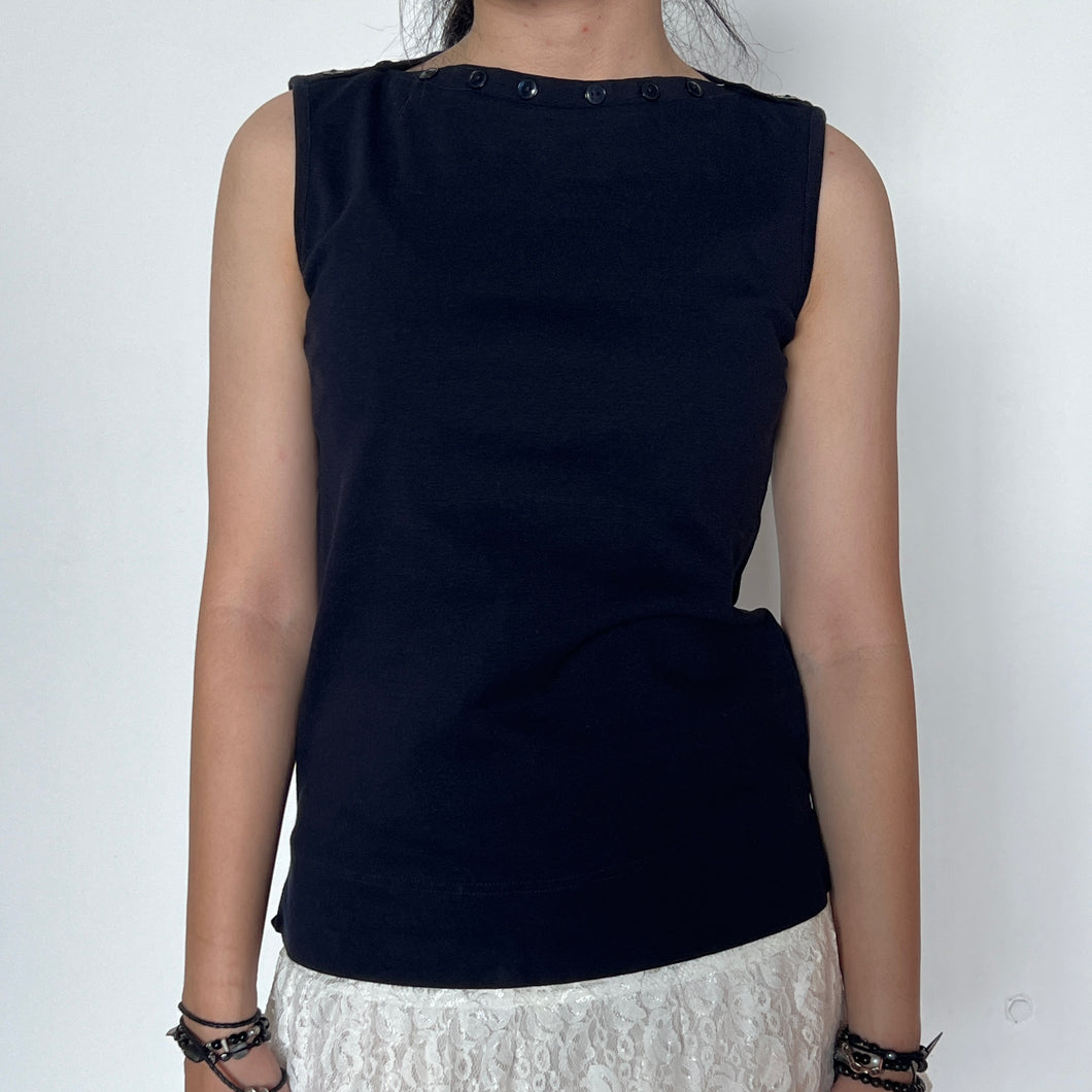 Navy Blue Buttoned Boat Neck Cotton Sleeveless Top