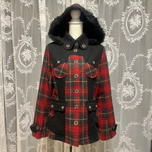 Load image into Gallery viewer, Betty's Blue Red Plaid Black Fur Hoodie Jacket
