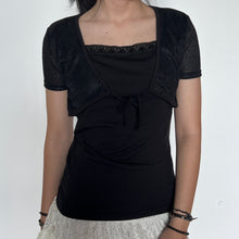 Load image into Gallery viewer, Black Y2K Sequin Lace Trimmed Layered Meshy Cardigan Tie Top
