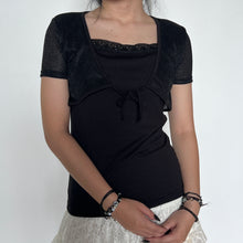 Load image into Gallery viewer, Black Y2K Sequin Lace Trimmed Layered Meshy Cardigan Tie Top
