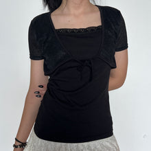 Load image into Gallery viewer, Black Y2K Sequin Lace Trimmed Layered Meshy Cardigan Tie Top
