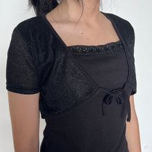 Load image into Gallery viewer, Black Y2K Sequin Lace Trimmed Layered Meshy Cardigan Tie Top
