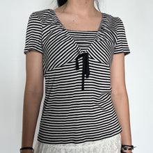 Load image into Gallery viewer, Black White Striped Layered Neckline Short Sleeved Top
