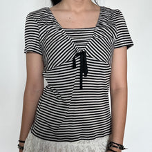 Load image into Gallery viewer, Black White Striped Layered Neckline Short Sleeved Top
