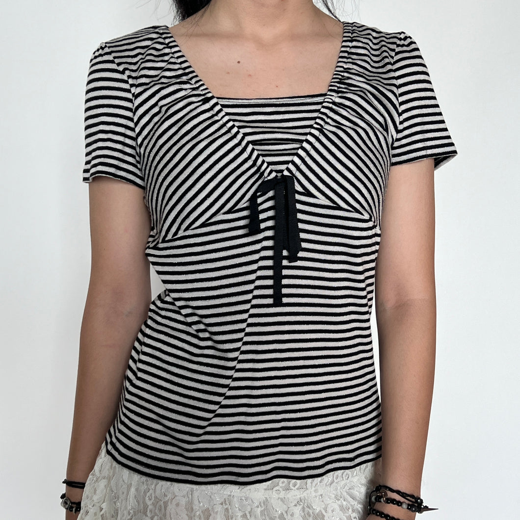 Black White Striped Layered Neckline Short Sleeved Top