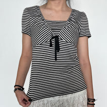 Load image into Gallery viewer, Black White Striped Layered Neckline Short Sleeved Top
