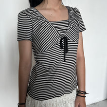 Load image into Gallery viewer, Black White Striped Layered Neckline Short Sleeved Top
