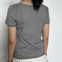 Load image into Gallery viewer, Black White Striped Layered Neckline Short Sleeved Top
