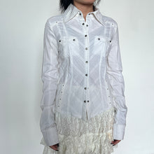 Load image into Gallery viewer, White Grunge Metal Embellished Pinstriped Button-Up Collared Long Sleeve Top
