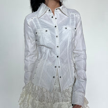 Load image into Gallery viewer, White Grunge Metal Embellished Pinstriped Button-Up Collared Long Sleeve Top
