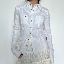 Load image into Gallery viewer, White Grunge Metal Embellished Pinstriped Button-Up Collared Long Sleeve Top
