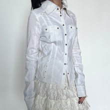 Load image into Gallery viewer, White Grunge Metal Embellished Pinstriped Button-Up Collared Long Sleeve Top
