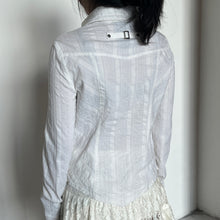 Load image into Gallery viewer, White Grunge Metal Embellished Pinstriped Button-Up Collared Long Sleeve Top
