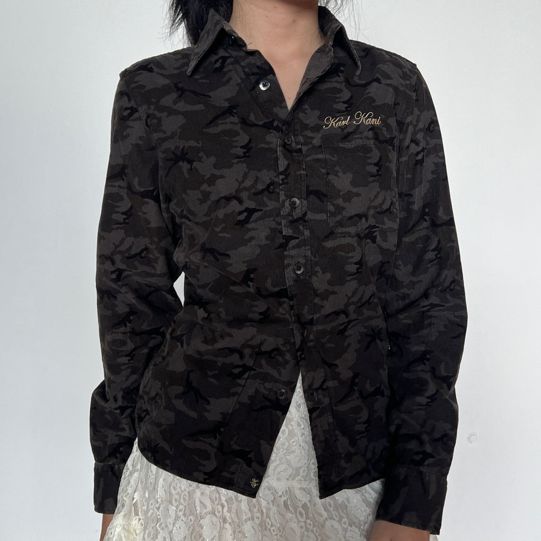 Black Grey Camo Print Velvet Button-Up Collared Long Sleeved Top