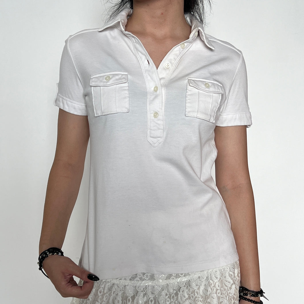 White Y2K Henley Button-Up Cotton Short Sleeves Top