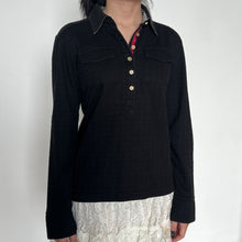 Load image into Gallery viewer, Black Checkered Half-Button Up Collared Long Sleeve Top (With Sleeve Emblem)
