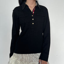 Load image into Gallery viewer, Black Checkered Half-Button Up Collared Long Sleeve Top (With Sleeve Emblem)
