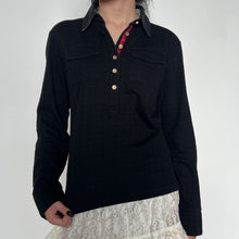 Load image into Gallery viewer, Black Checkered Half-Button Up Collared Long Sleeve Top (With Sleeve Emblem)
