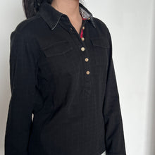 Load image into Gallery viewer, Black Checkered Half-Button Up Collared Long Sleeve Top (With Sleeve Emblem)
