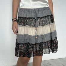 Load image into Gallery viewer, Black Cream Floral Plaid Patterned Patchwork Tiered Mini Skirt
