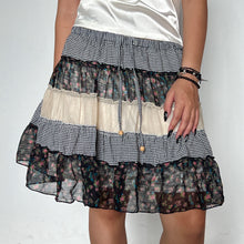 Load image into Gallery viewer, Black Cream Floral Plaid Patterned Patchwork Tiered Mini Skirt
