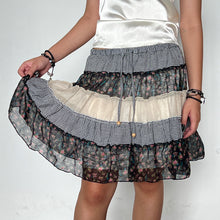 Load image into Gallery viewer, Black Cream Floral Plaid Patterned Patchwork Tiered Mini Skirt
