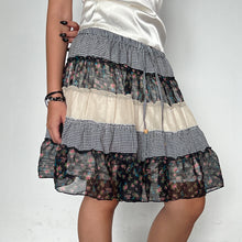 Load image into Gallery viewer, Black Cream Floral Plaid Patterned Patchwork Tiered Mini Skirt
