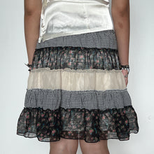 Load image into Gallery viewer, Black Cream Floral Plaid Patterned Patchwork Tiered Mini Skirt
