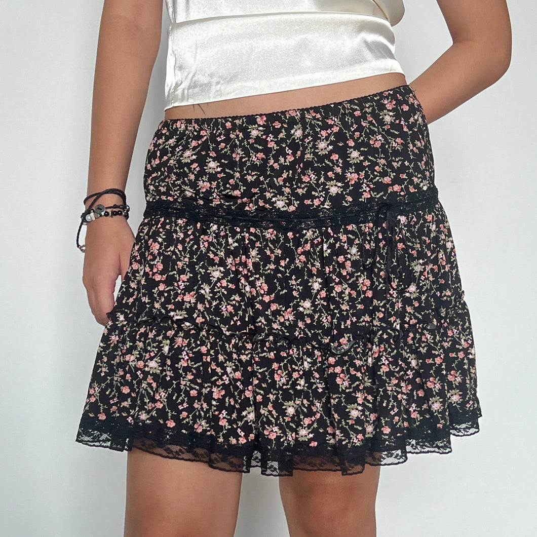 Black Pink Floral Tiered Lace Trim Mini Ballet Skirt