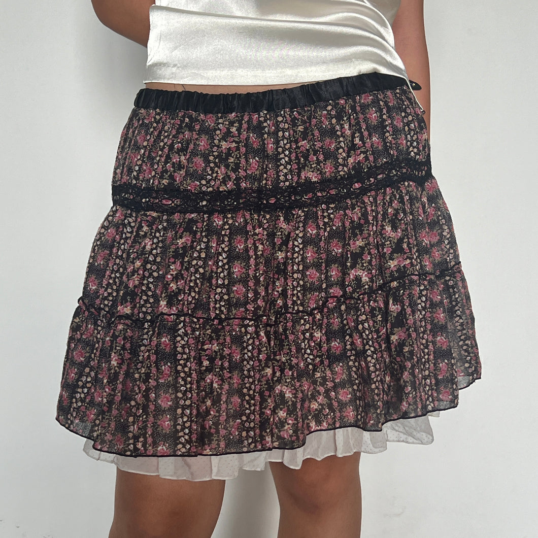 Black Floral Hippie Tiered Lace Trimmed Layered Mini Ballet Skirt