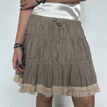 Load image into Gallery viewer, Grey Taupe Boho Tier Tassel Hem Drawstring Mini Skirt
