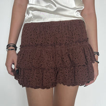 Load image into Gallery viewer, Brown Thick Floral Lace Fabric Ruffled Layered Skort (A Layered Outer Skirt With Matching Built In Shorts
