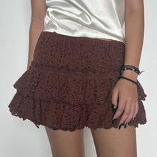 Load image into Gallery viewer, Brown Thick Floral Lace Fabric Ruffled Layered Skort (A Layered Outer Skirt With Matching Built In Shorts
