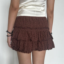 Load image into Gallery viewer, Brown Thick Floral Lace Fabric Ruffled Layered Skort (A Layered Outer Skirt With Matching Built In Shorts
