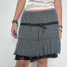 Load image into Gallery viewer, Grey Black Lace Trimmed Tier Ruffled Mini Skirt
