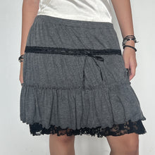 Load image into Gallery viewer, Grey Black Lace Trimmed Tier Ruffled Mini Skirt
