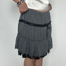 Load image into Gallery viewer, Grey Black Lace Trimmed Tier Ruffled Mini Skirt
