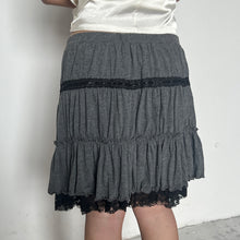 Load image into Gallery viewer, Grey Black Lace Trimmed Tier Ruffled Mini Skirt
