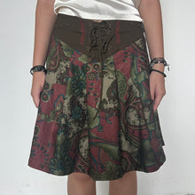 Load image into Gallery viewer, Khaki Oriental Print Lace Up Pleated Skirt
