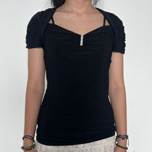 Load image into Gallery viewer, Black 90s/00s Shrug Rhinestones Queen Ruched Short Sleeve Top
