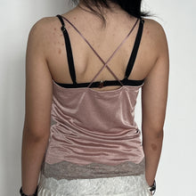 Load image into Gallery viewer, Dusty Pink Lace Trimmed Shimmery Silky Crossed Strap Cami Top
