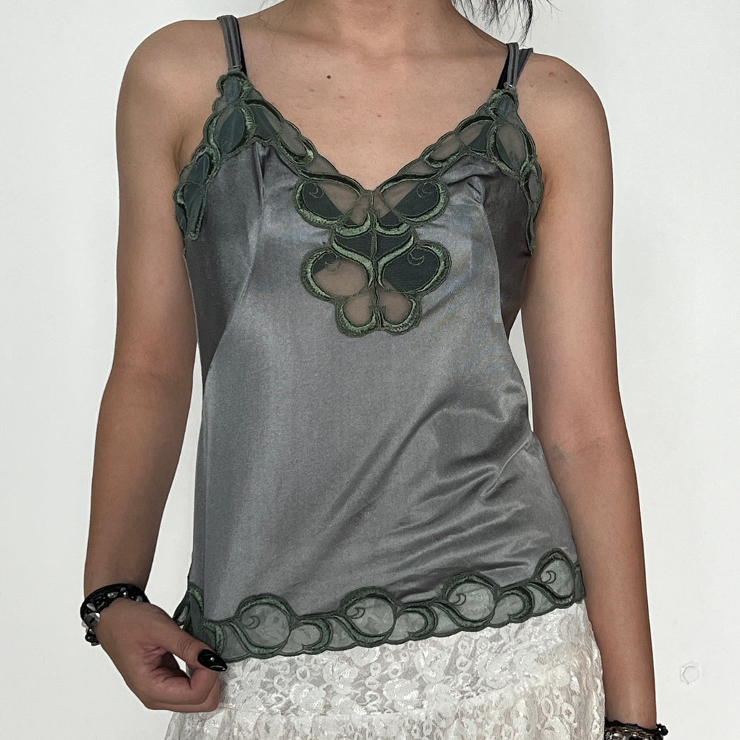 Dusty Blue Green Embroidered Lace Trimmed Silky Cami Top