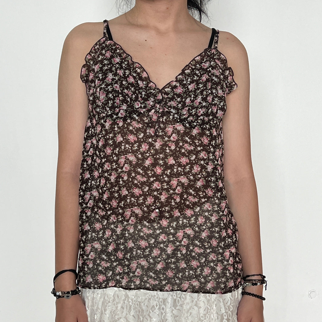 Dark Brown Pink Sheer Floral Ruffled Hem Cami Top