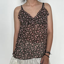 Load image into Gallery viewer, Dark Brown Pink Sheer Floral Ruffled Hem Cami Top
