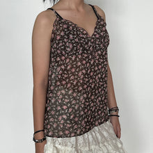 Load image into Gallery viewer, Dark Brown Pink Sheer Floral Ruffled Hem Cami Top
