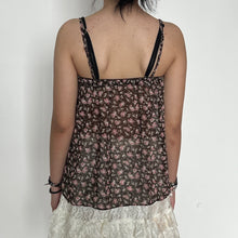 Load image into Gallery viewer, Dark Brown Pink Sheer Floral Ruffled Hem Cami Top
