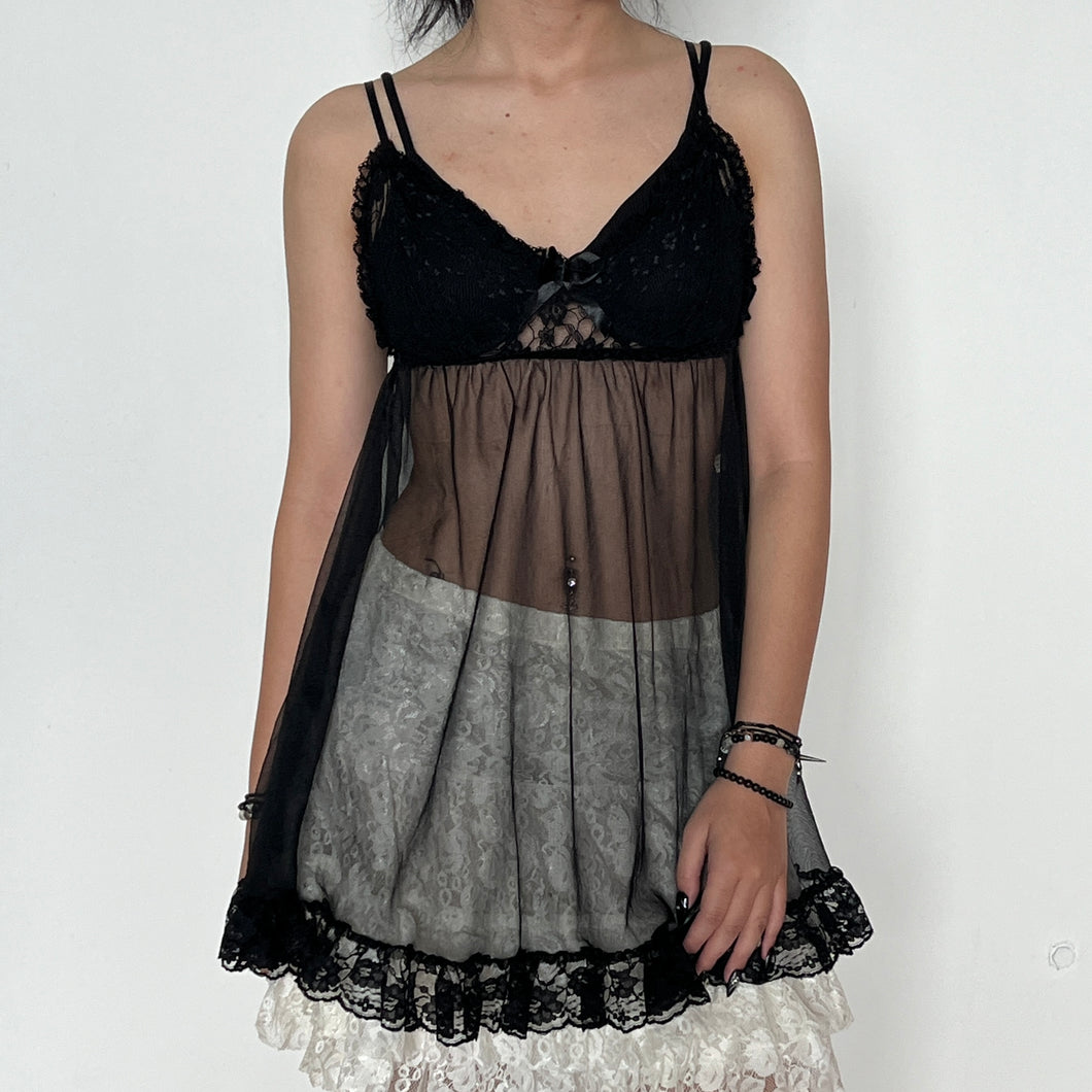 Black Babydoll Bow Ruffled Mesh Lace Slip Dress Top