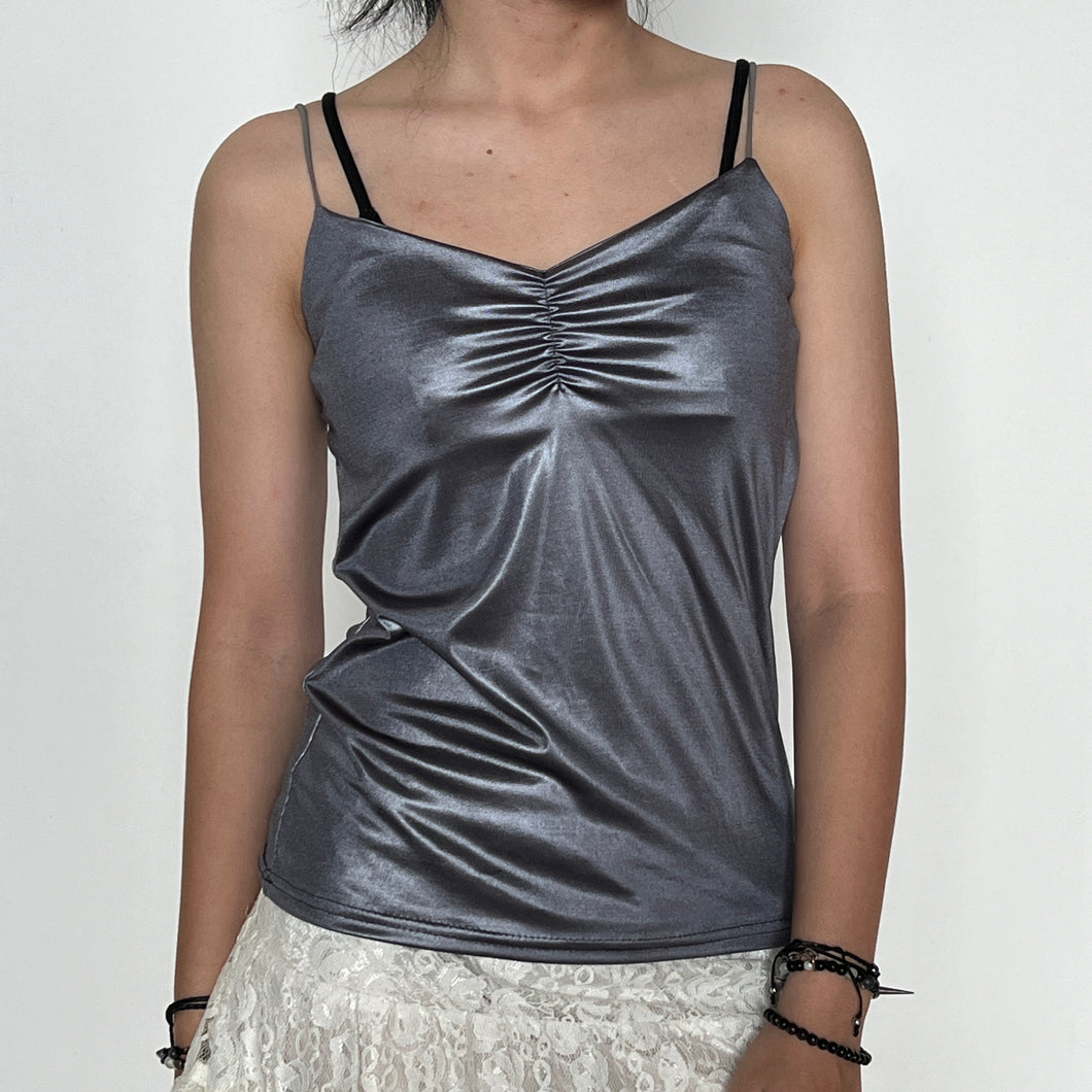 Grey Wet Glam Ruched Bust Silky Cami Top