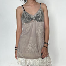 Load image into Gallery viewer, Grey Beige Mesh Overlay Floral Embroidered Lace Bust Slip Dress Top
